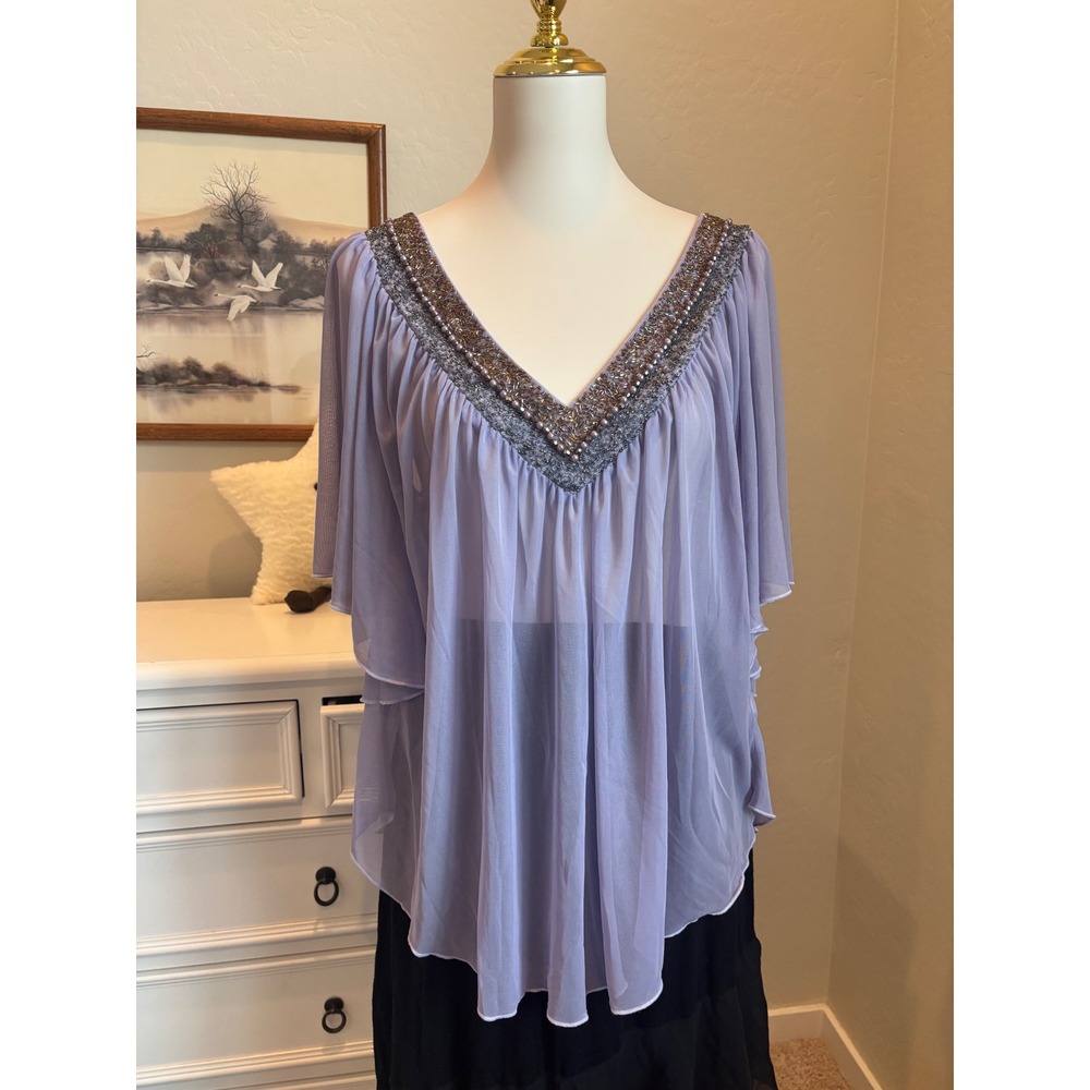 Beaded Chiffon Poncho Top Lavender Purple Sheer Embellished V-Neck Blouse